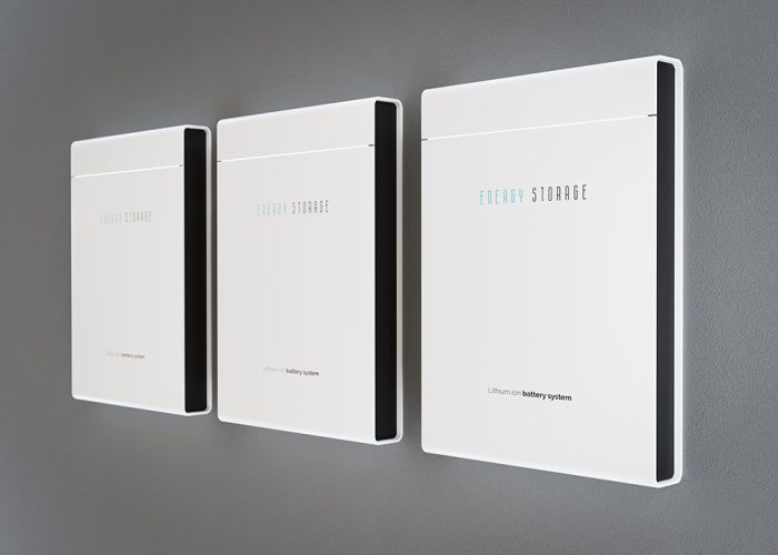 Modern home energy storage battery system mounted on clean grey Modern home energy storage battery system mounted on clean grey wall. 3d rendering.